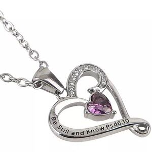 Psalm 46:10 Be Still Heart With Amethyst Pendant Necklace